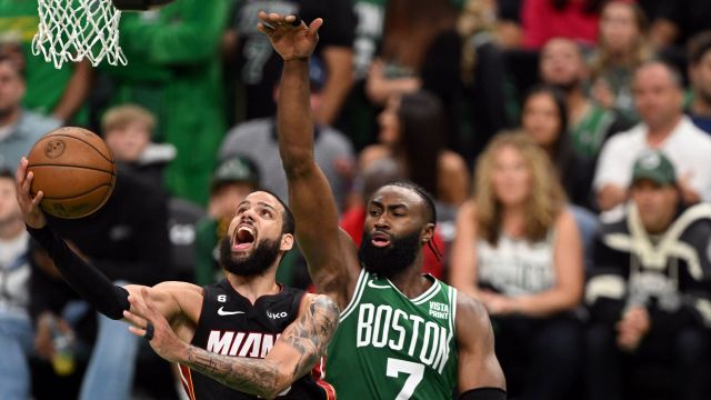 Miami Heat forward Caleb Martin and Boston Celtics forward Jaylen Brown