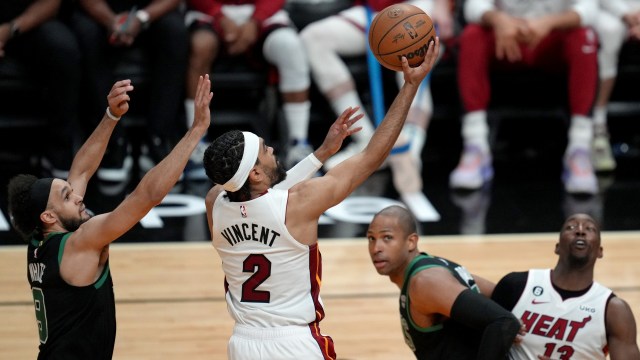 Boston Celtics guard Derrick White, Miami Heat guard Gabe Vincent