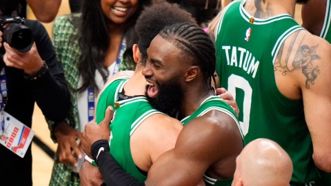 Boston Celtics teammates Derrick White and Jaylen Brown