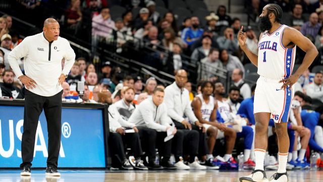 NBA coach Doc Rivers and Philadelphia 76ers guard James Harden