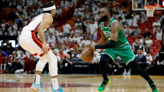 Miami Heat guard Gabe Vincent and Boston Celtics guard Jaylen Brown