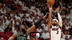Miami Heat guard Gabe Vincent and Boston Celtics forward Jaylen Brown