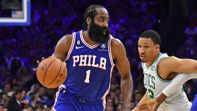 Philadelphia 76ers guard James Harden and Boston Celtics forward Grant Williams
