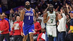 Philadelphia 76ers guard James Harden, Boston Celtics guard Jaylen Brown