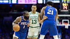 Philadelphia 76ers' James Harden and Joel Embiid, Boston Celtics guard Malcolm Brogdon