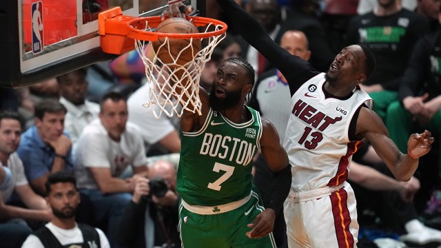 Boston Celtics guard Jaylen Brown and Miami Heat center Bam Adebayo