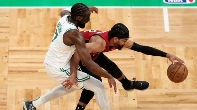 Boston Celtics guard Jaylen Brown and Miami Heat guard Gabe Vincent