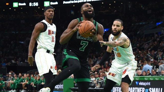 Boston Celtics guard Jaylen Brown, Miami Heat forwards Jimmy Butler, Caleb Martin