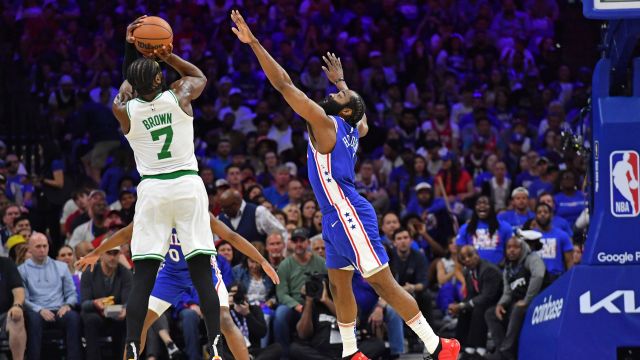 Boston Celtics guard Jaylen Brown and Philadelphia 76ers guard James Harden