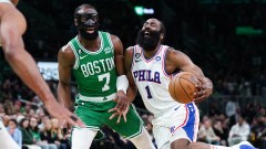 Boston Celtics guard Jaylen Brown, Philadelphia 76ers guard James Harden