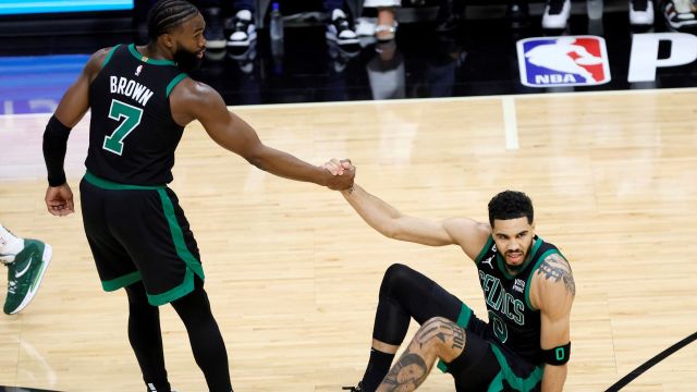 Boston Celtics guard Jaylen Brown and forward Jayson Tatum