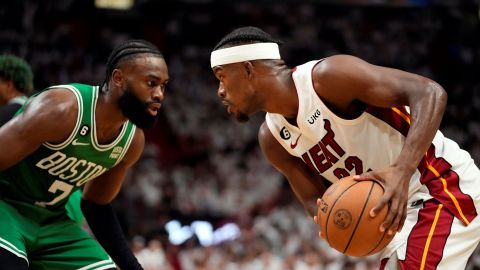 Boston Celtics guard Jaylen Brown and Miami Heat forward Jimmy Butler