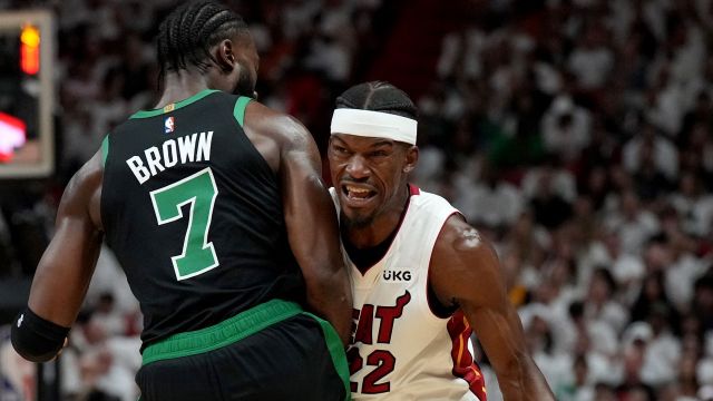Boston Celtics guard Jaylen Brown and Miami Heat forward Jimmy Butler
