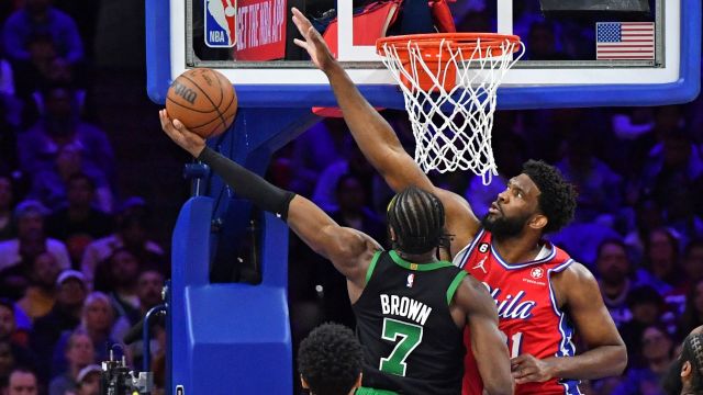 Boston Celtics guard Jaylen Brown and Philadelphia 76ers center Joel Embiid