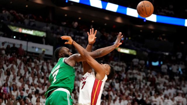 Boston Celtics guard Jaylen Brown and Miami Heat guard Kyle Lowry