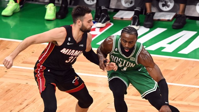 Boston Celtics guard Jaylen Brown and Miami Heat guard Max Strus