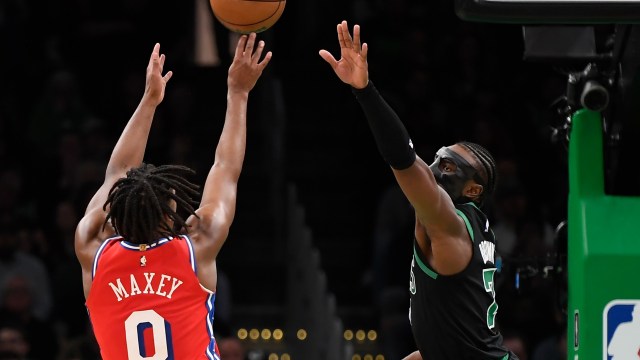 Boston Celtics guard Jaylen Brown and Philadelphia 76ers guard Tyrese Maxey
