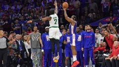 Boston Celtics guard Jaylen Brown and Philadelphia 76ers guard James Harden
