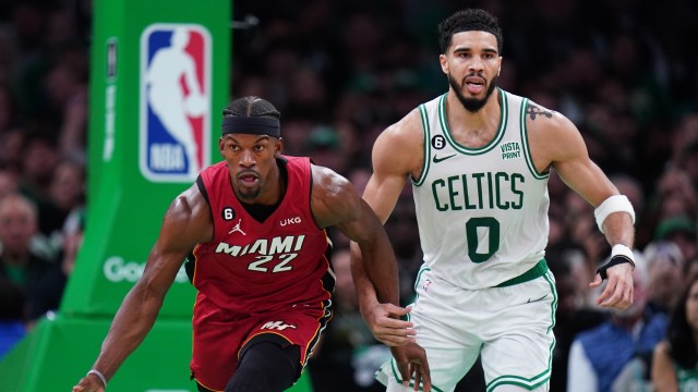 Boston Celtics forward Jayson Tatum and Miami Heat forward Jimmy Butler