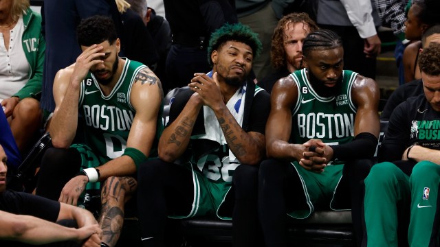 Boston Celtics' Jayson Tatum, Marcus Smart, Jaylen Brown