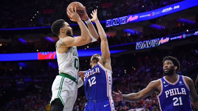 Boston Celtics forward Jayson Tatum and Philadelphia 76ers forward Tobias Harris