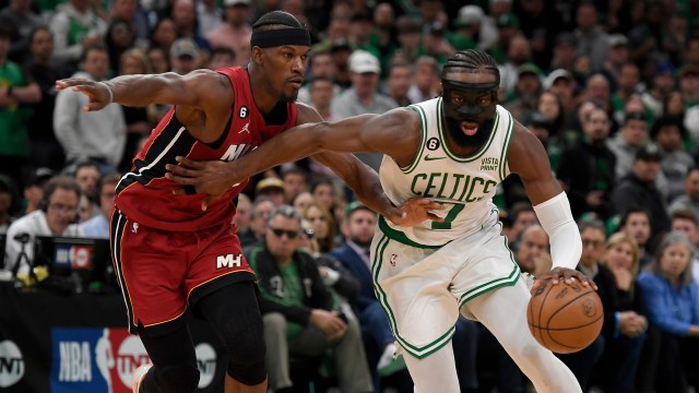 Miami Heat forward Jimmy Butler and Boston Celtics guard Jaylen Brown