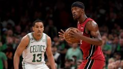 Miami Heat forward Jimmy Butler and Boston Celtics guard Malcolm Brogdon