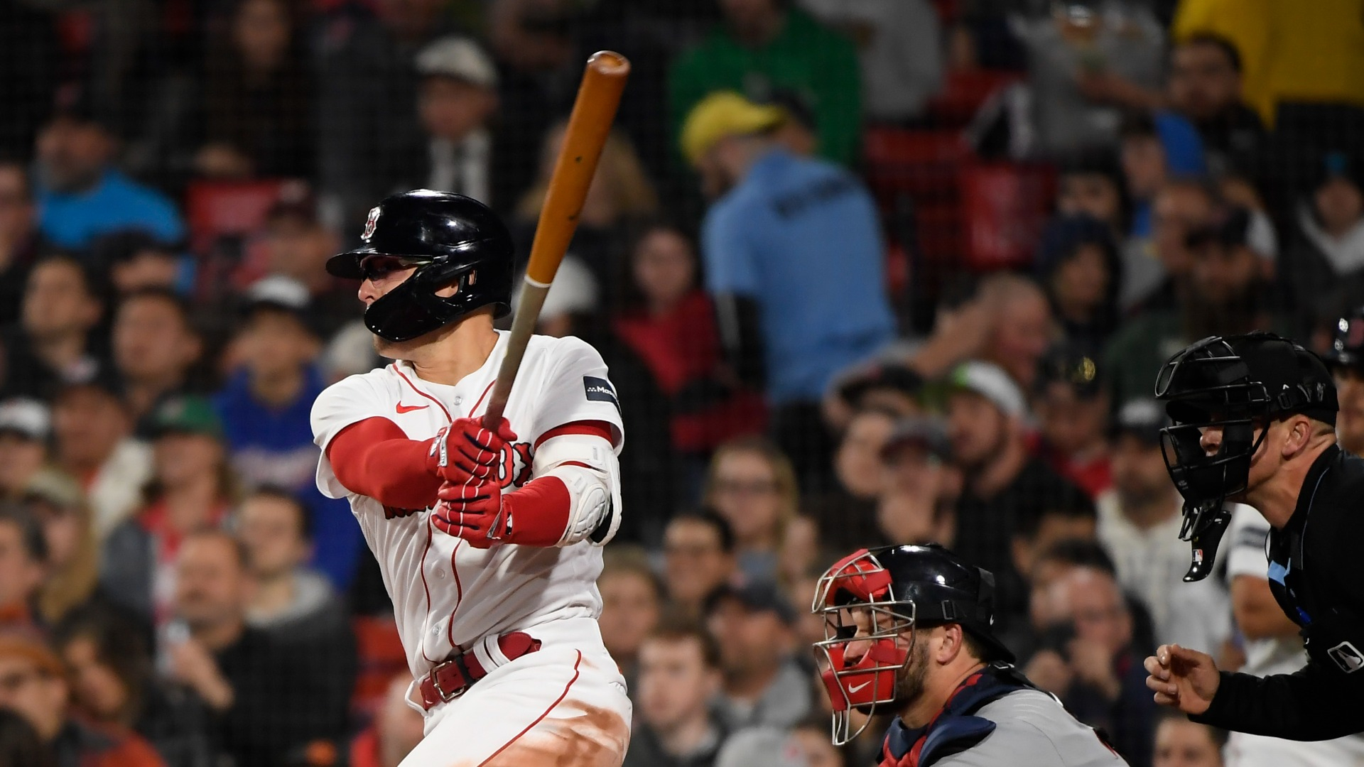 Boston Red Sox players, from left to right, Jarren Duran, Kike