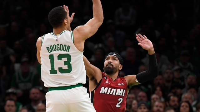 Miami Heat guard Gabe Vincent, Boston Celtics guard Malcolm Brogdon