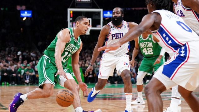 Boston Celtics guard Malcolm Brogdon and Philadelphia 76ers guard James Harden