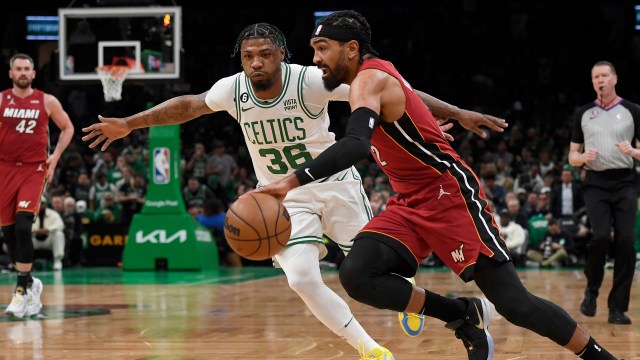 Boston Celtics guard Marcus Smart and Miami Heat guard Gabe Vincent
