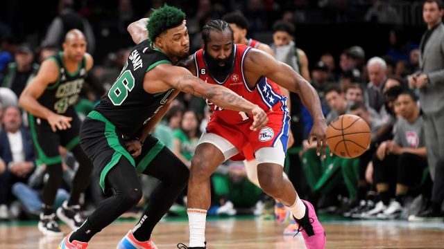 Boston Celtics guard Marcus Smart and Philadelphia 76ers guard James Harden