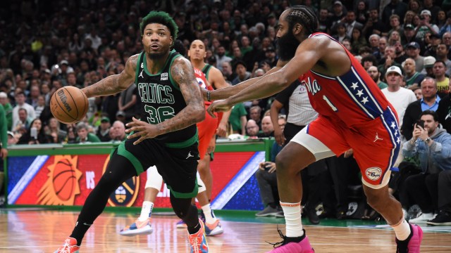 Boston Celtics guard Marcus Smart and Philadelphia 76ers guard James Harden