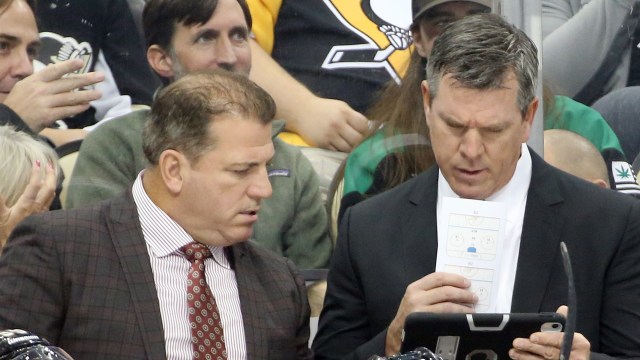 Pittsburgh Penguins coaches Mark Recchi and Mike Sullivan