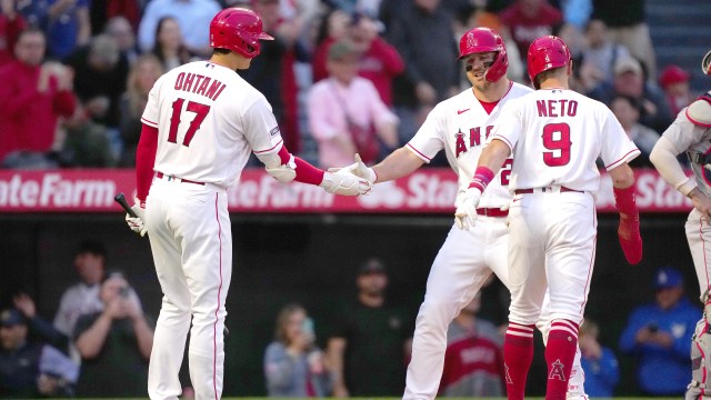 Los Angeles Angels designated hitter Shohei Ohtani and outfielder Mike Trout