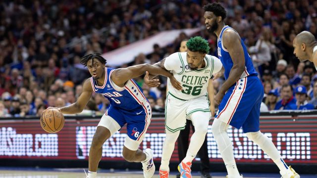 Philadelphia 76ers guard Tyrese Maxey and Boston Celtics guard Marcus Smart