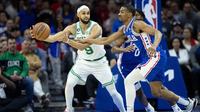 Boston Celtics guard Derrick White, Philadelphia 76ers guard De'Anthony Melton