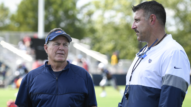 New England Patriots head coach Bill Belichick and former Tennessee Titans head coach Mike Vrabel
