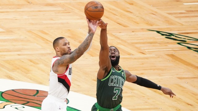 Portland Trail Blazers guard Damian Lillard, Boston Celtics guard Jaylen Brown