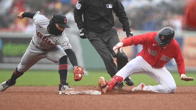 Boston Red Sox infielder Emmanuel Valdez slides into second base