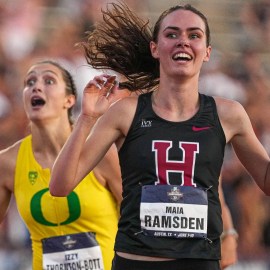 Harvard's Maia Ramsden crossing finish line