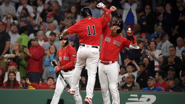 Boston Red Sox third baseman Rafael Devers and first baseman Justin Turner