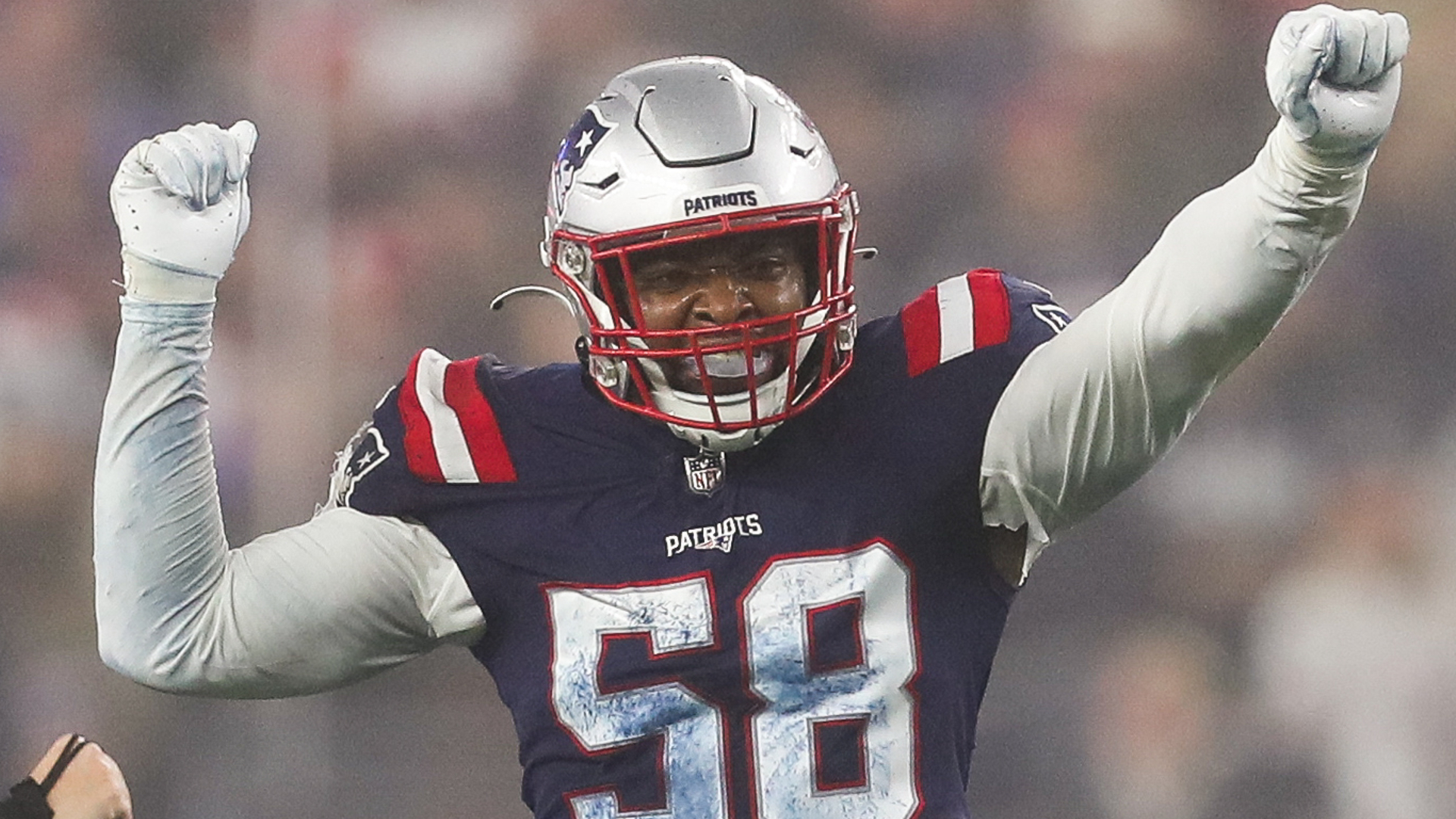 New England Patriots linebacker Anfernee Jennings (58) defends during the  second half of an NFL football game against the Chicago Bears, Monday, Oct.  24, 2022, in Foxborough, Mass. (AP Photo/Stew Milne Stock