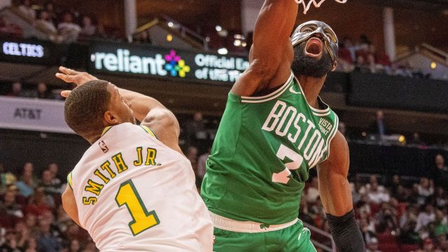 Houston Rockets forward Jabari Smith Jr. and Boston Celtics guard Jaylen Brown