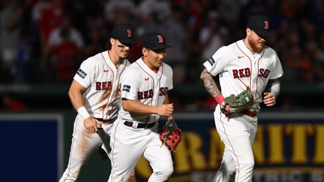 Boston Red Sox outfielders Jarren Duran, Masataka Yoshida, Alex Verdugo