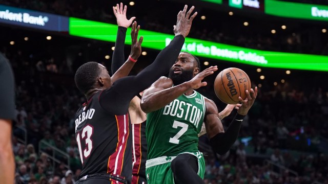 Boston Celtics guard Jaylen Brown and Miami Heat center Bam Adebayo