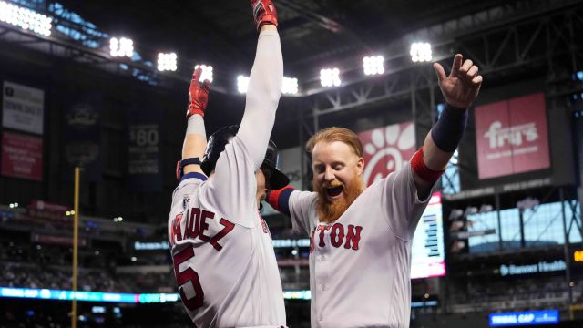 Boston Red Sox designated hitter Justin Turner and Los Angeles Dodgers outfielder Kiké Hernández