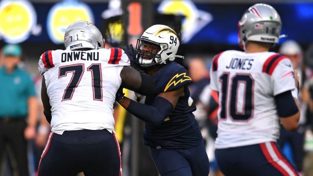 New England Patriots offensive lineman Mike Onwenu and Los Angeles Chargers linebacker Chris Rumph II