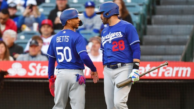 Los Angeles Dodgers right fielder Mookie Betts, designated hitter J.D. Martinez