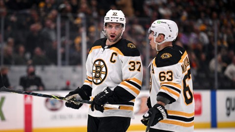 Boston Bruins' Mark Recchi, celebrates his goal with Bruins' Zdeno Chara,  left, of Slovakia during the second period of a first-round NHL playoff  hockey game in Buffalo, N.Y., Thursday, April 15, 2010. (